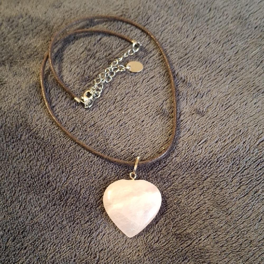 Rose Quartz Heart Pendant On A Leather 16" To 20" Necklace